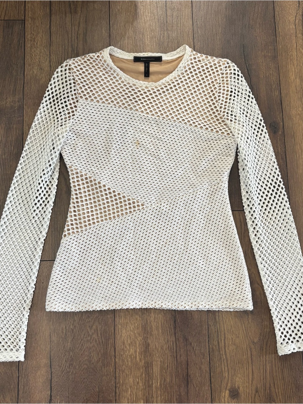 BCBGMaxAzria White Monday Mesh Panel Lined Long Sleeve Geometric Top, Size Small